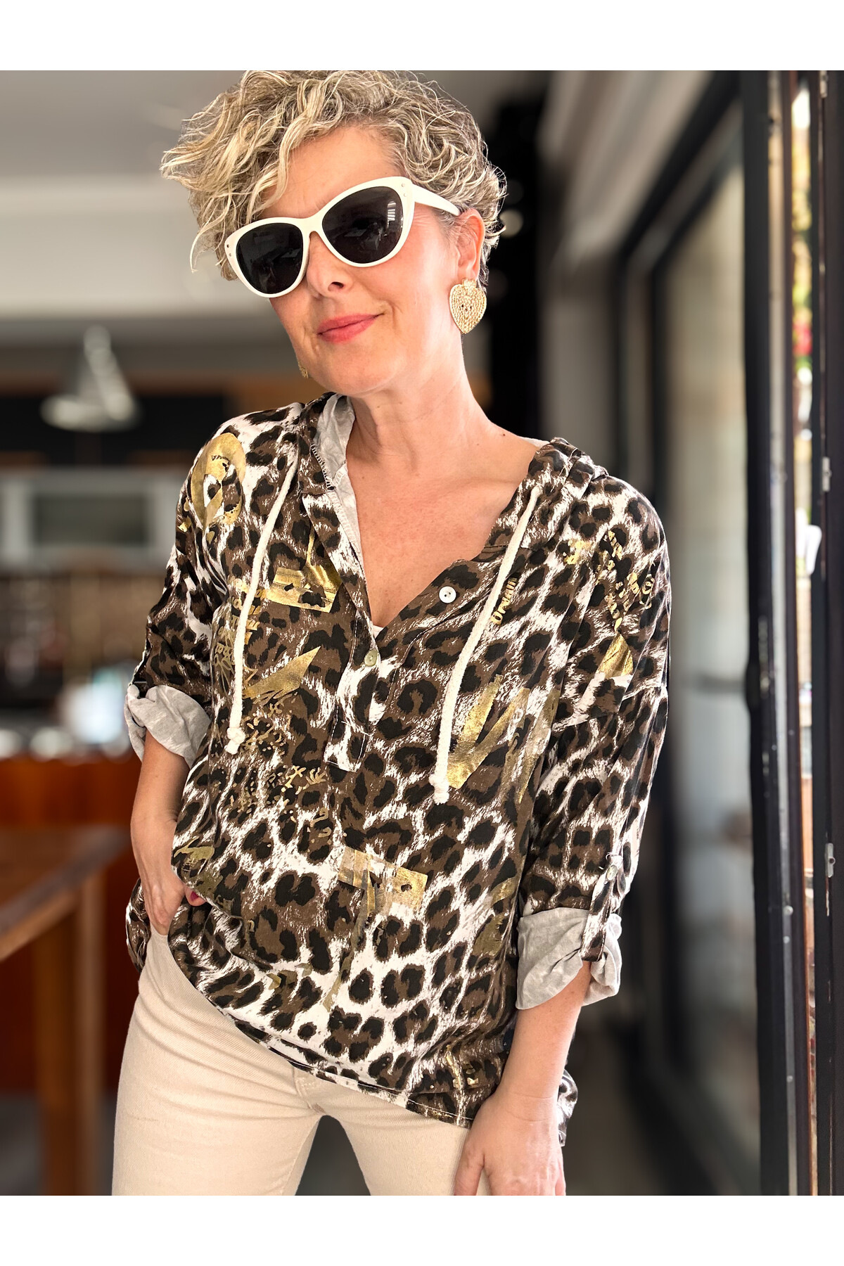 Figgo İtalyan Leopar Desen Yaldızlı Kap Beyaz