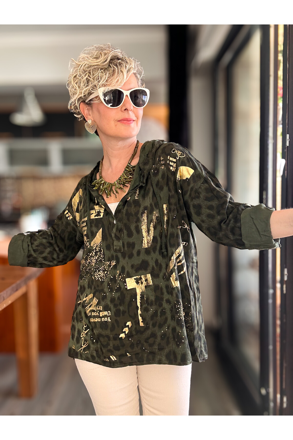 Figgo İtalyan Leopar Desen Yaldızlı Kap Haki Yeşil