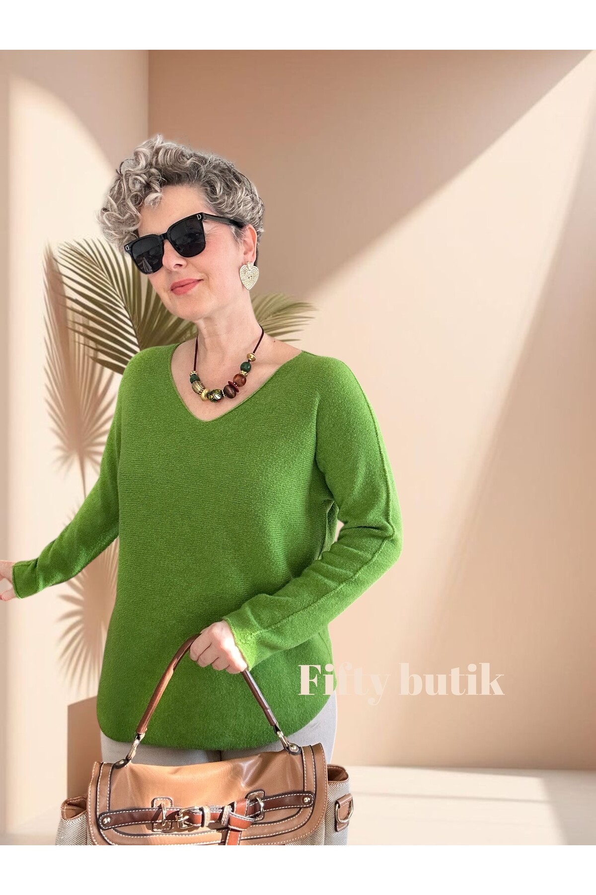 Fikka İtalyan V Yaka Angora Oval Triko Açık Yeşil