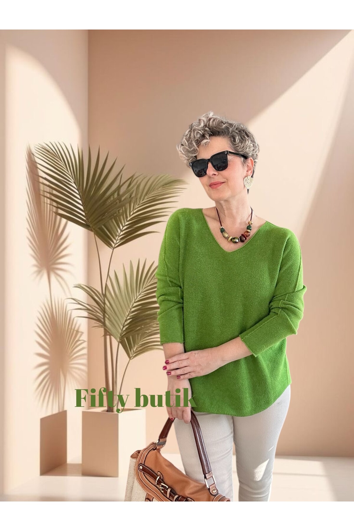 Fikka İtalyan V Yaka Angora Oval Triko Açık Yeşil