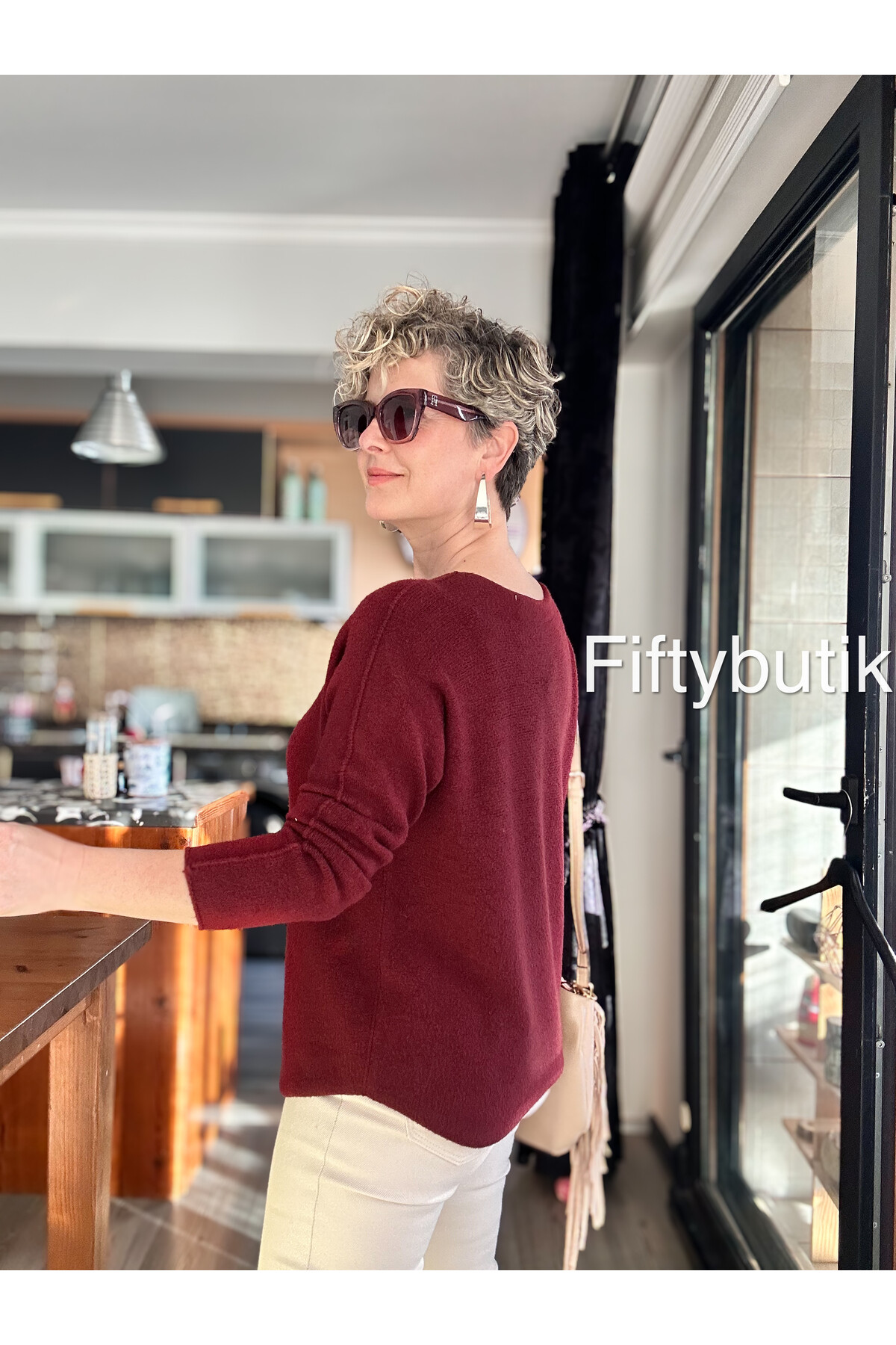 Fikka İtalyan V Yaka Angora Oval Triko Bordo