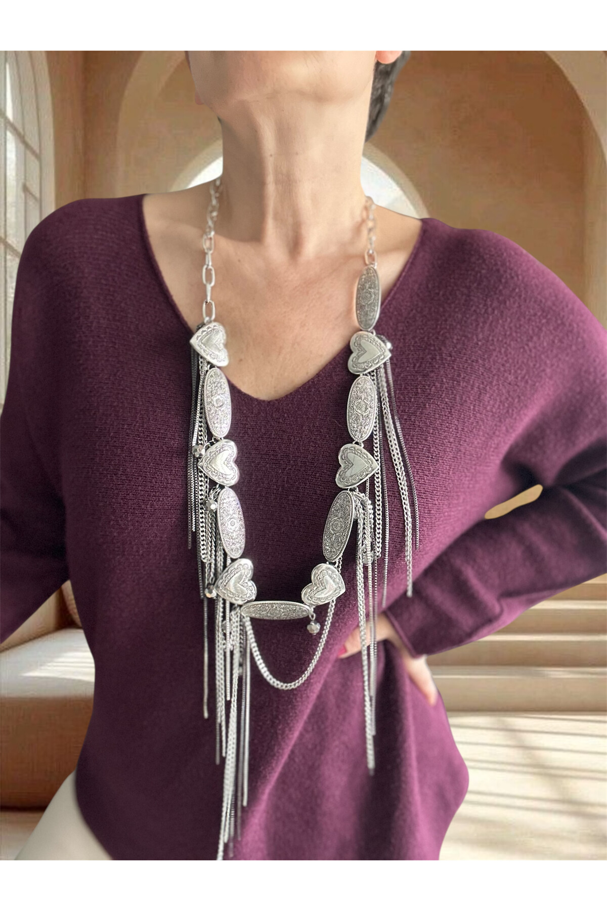 Fikka İtalyan V Yaka Angora Oval Triko Bordo