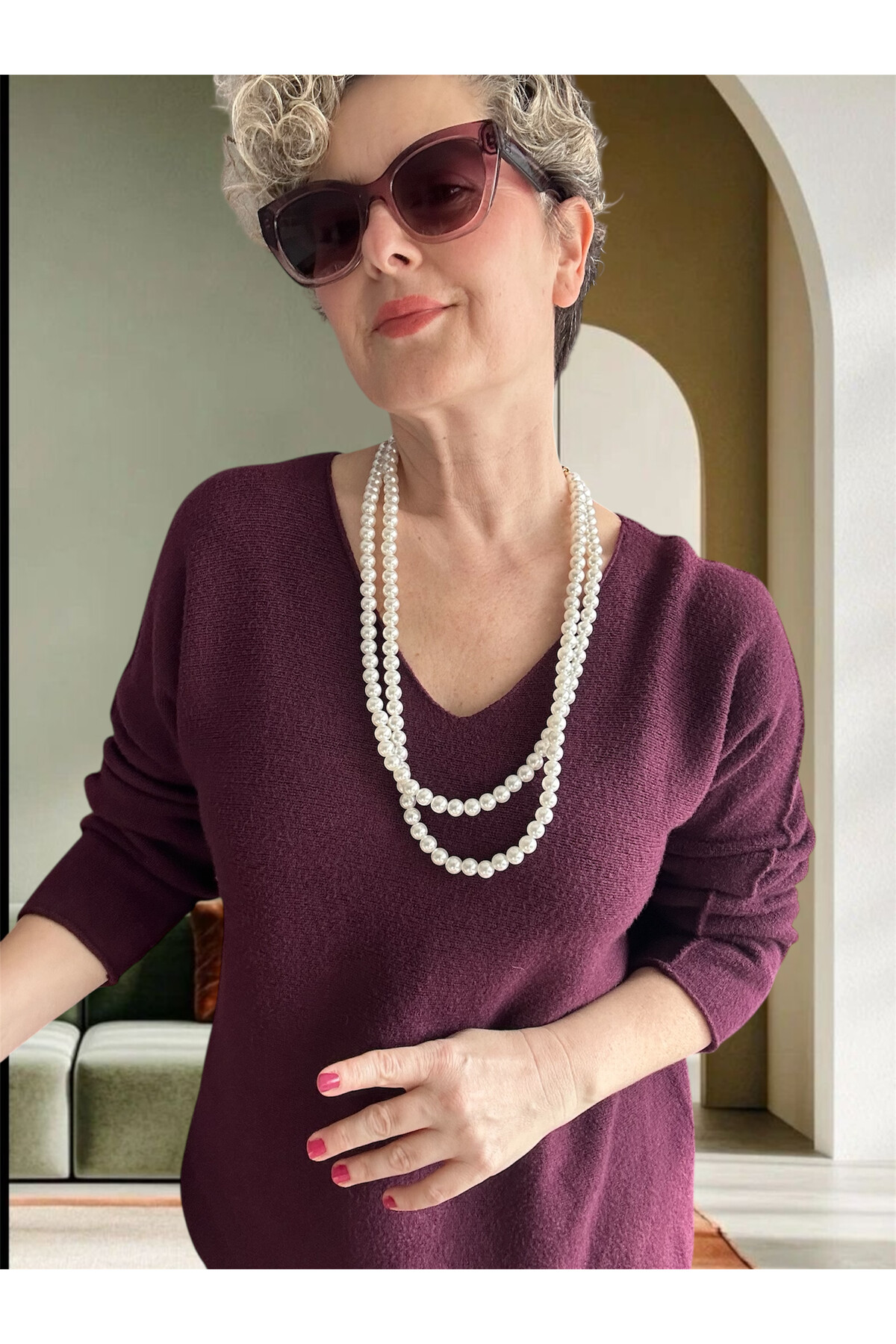 Fikka İtalyan V Yaka Angora Oval Triko Bordo