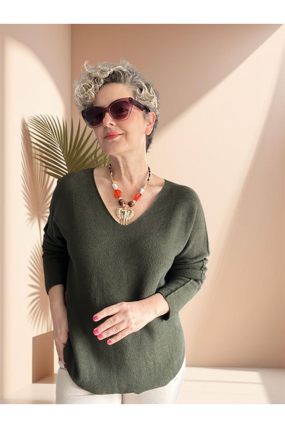 Fikka İtalyan V Yaka Angora Oval Triko Haki Yeşil