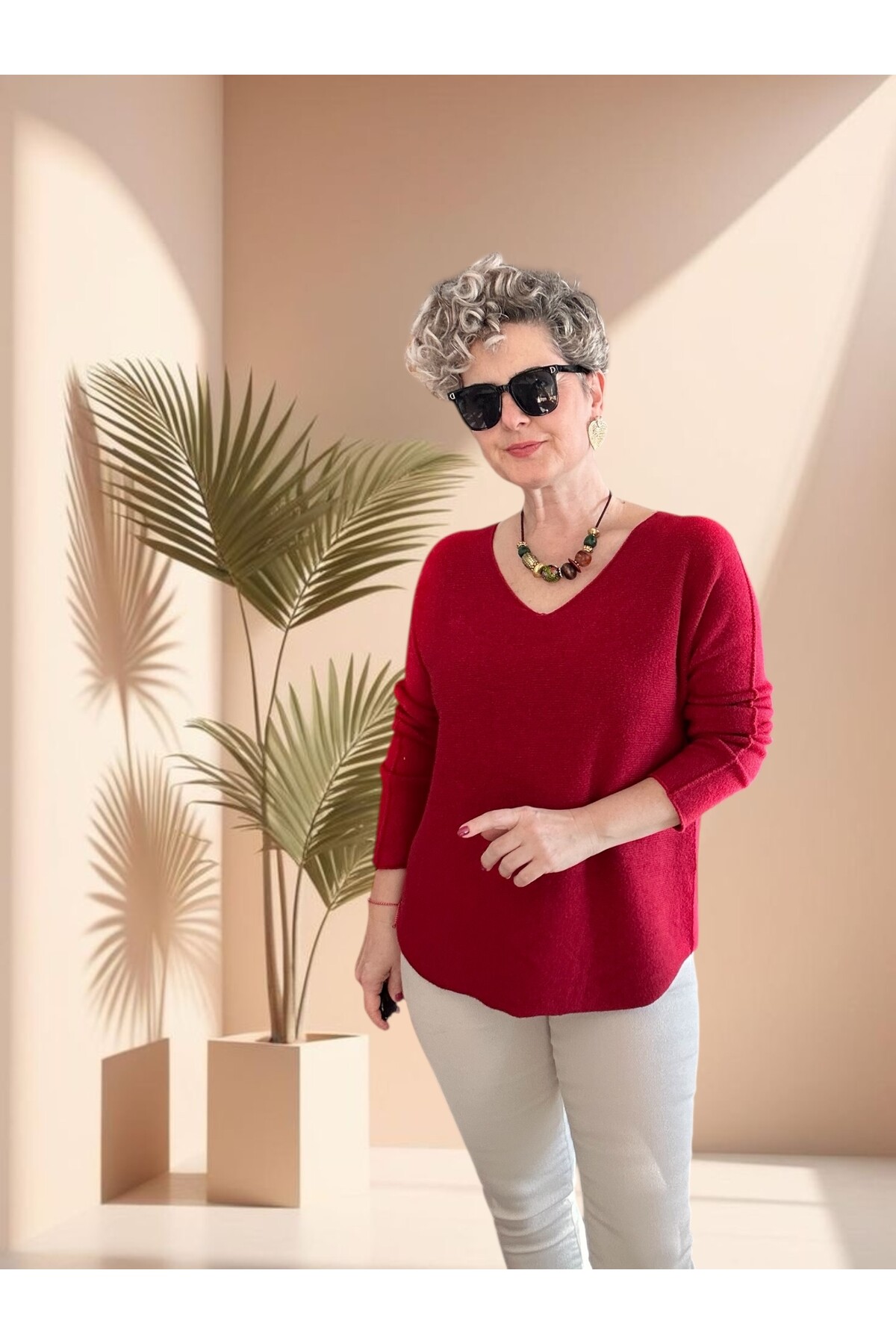 Fikka İtalyan V Yaka Angora Oval Triko İndian Red