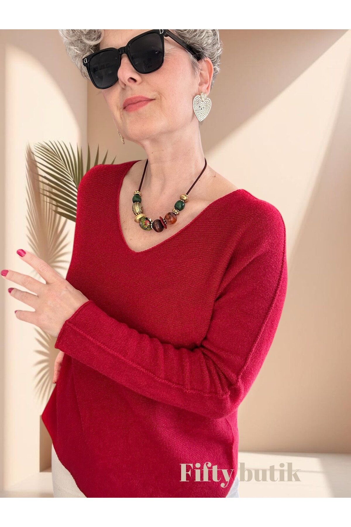 Fikka İtalyan V Yaka Angora Oval Triko İndian Red