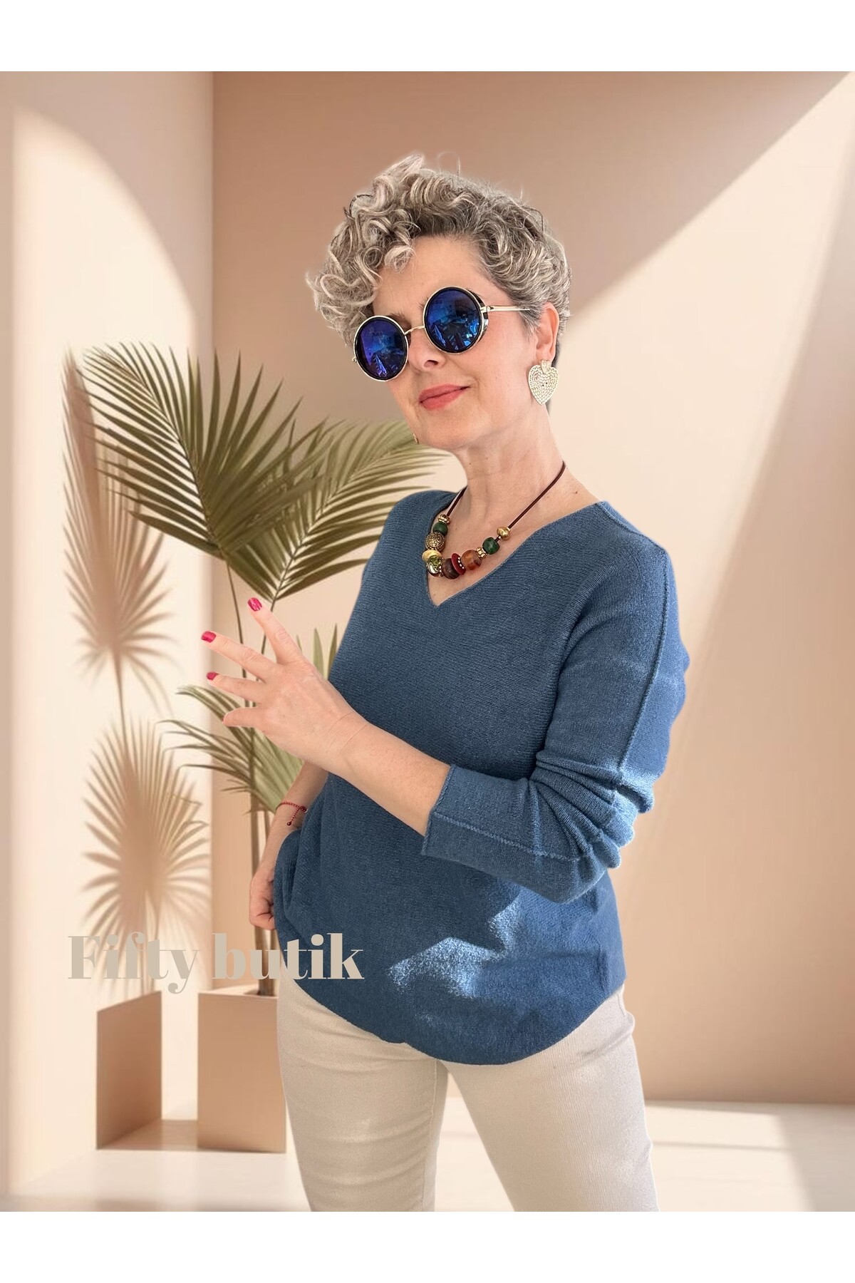 Fikka İtalyan V Yaka Angora Oval Triko İndigo Mavi