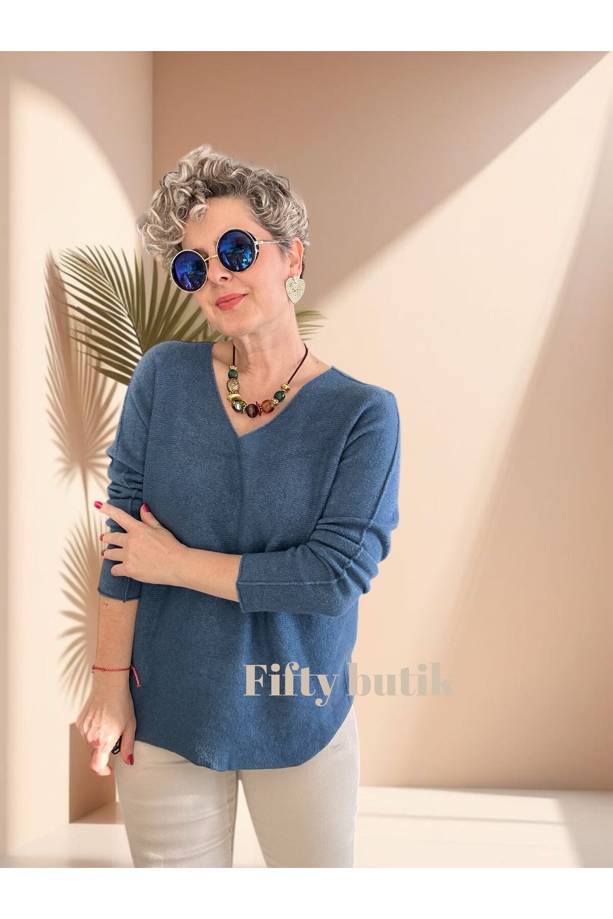 Fikka İtalyan V Yaka Angora Oval Triko İndigo Mavi