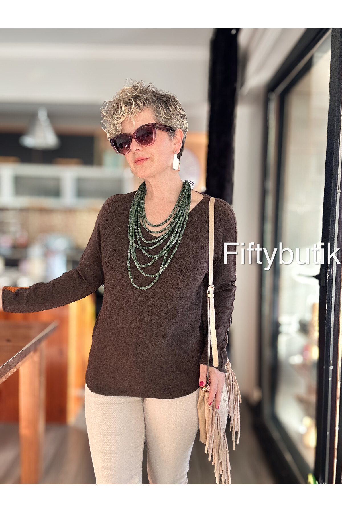 Fikka İtalyan V Yaka Angora Oval Triko Kahve