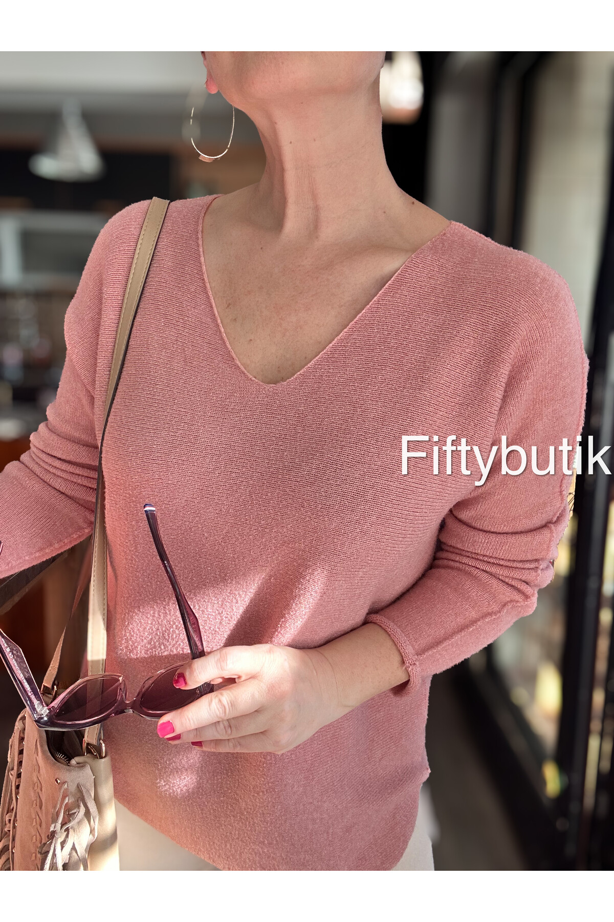 Fikka İtalyan V Yaka Angora Oval Triko Pudra