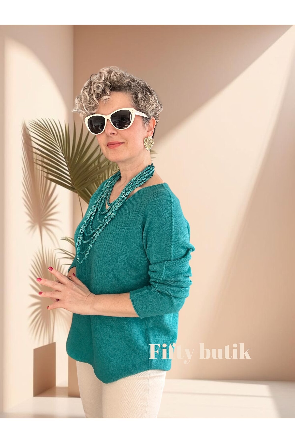 Fikka İtalyan V Yaka Angora Oval Triko Turkuaz