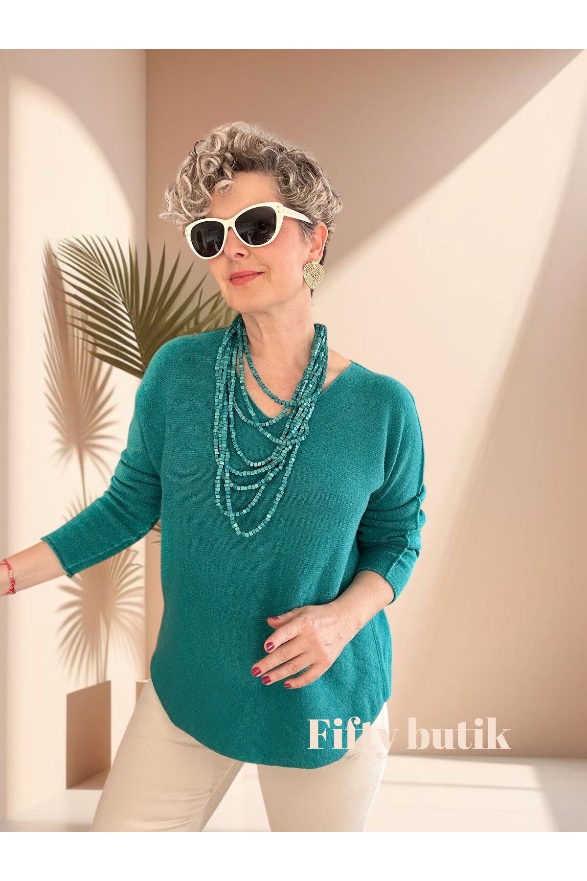 Fikka İtalyan V Yaka Angora Oval Triko Turkuaz