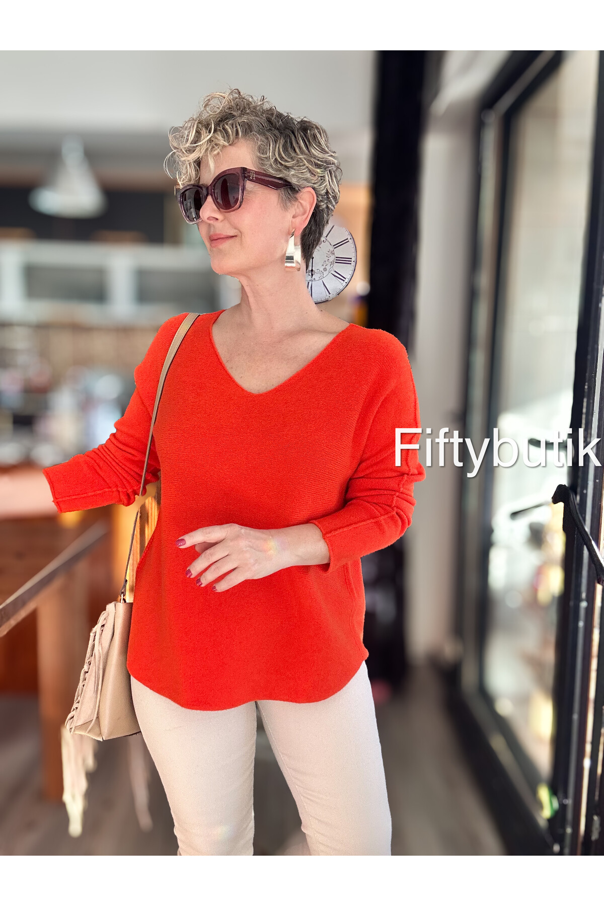 Fikka İtalyan V Yaka Angora Oval Triko Turuncu