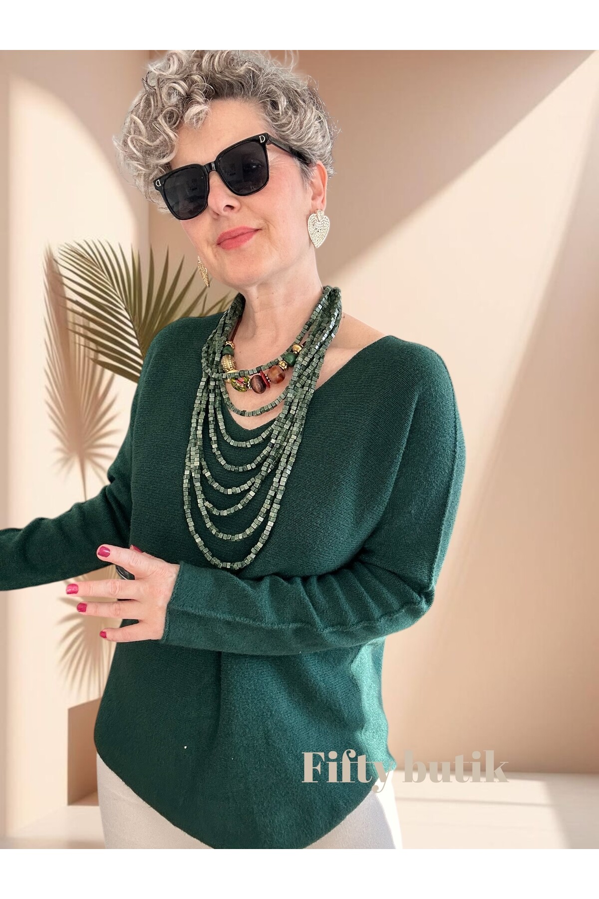 Fikka İtalyan V Yaka Angora Oval Triko Zümrüt