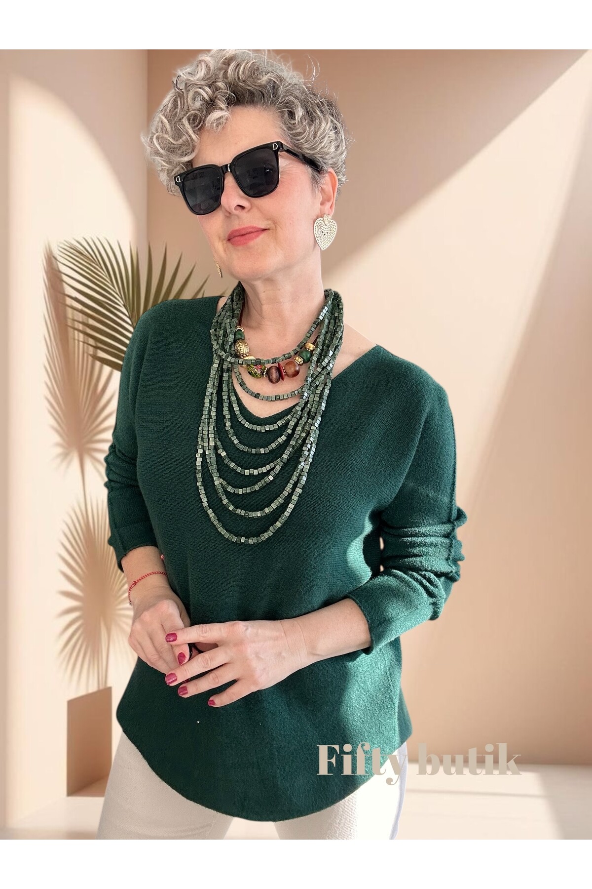 Fikka İtalyan V Yaka Angora Oval Triko Zümrüt
