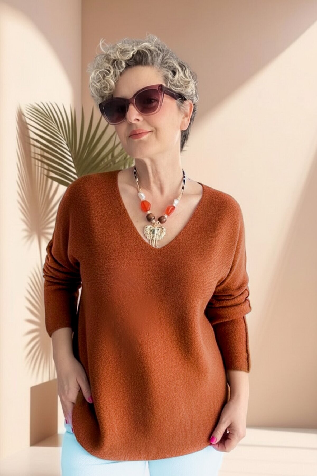 Fikka İtalyan V Yaka Oval Triko Tarçın