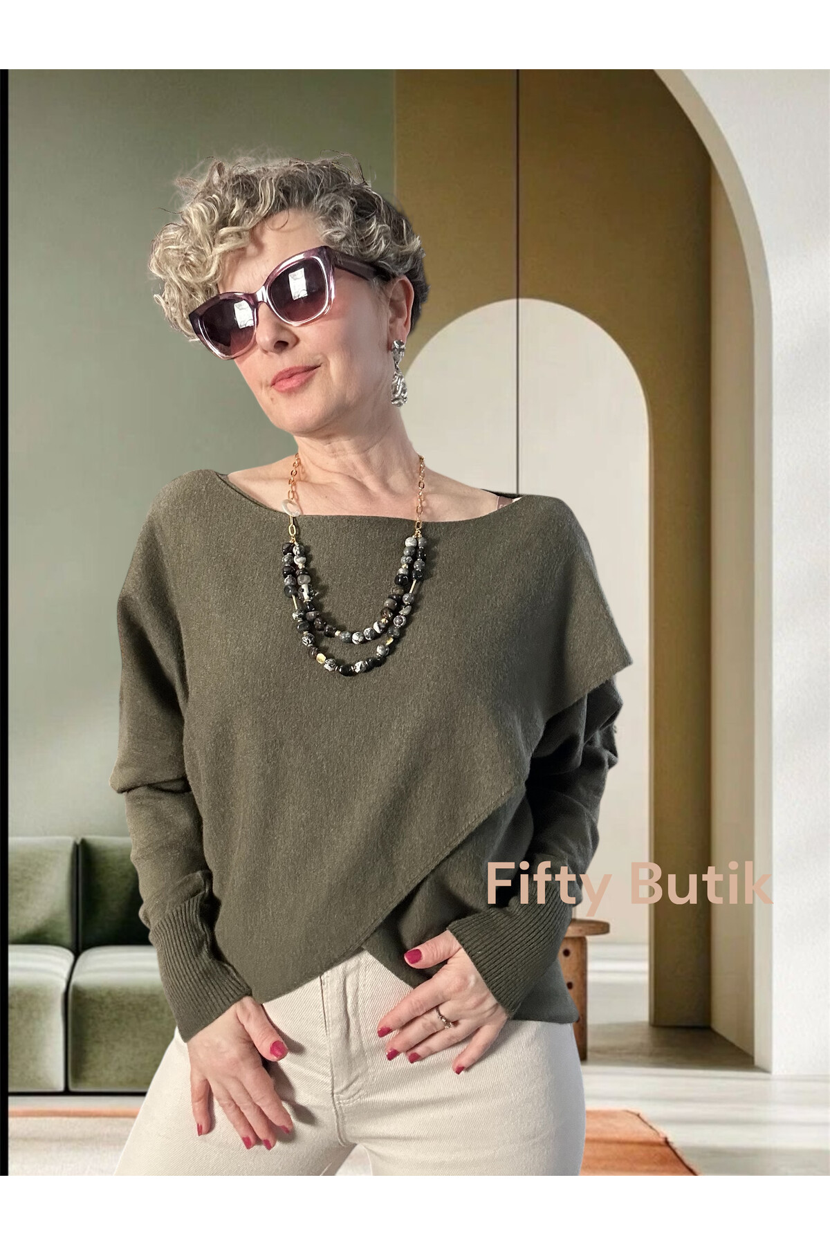 Fulle Tasarım Çapraz Triko Haki