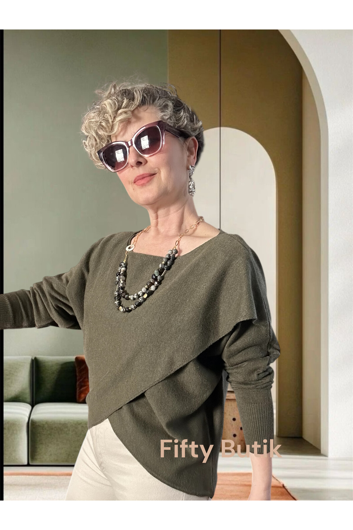 Fulle Tasarım Çapraz Triko Haki