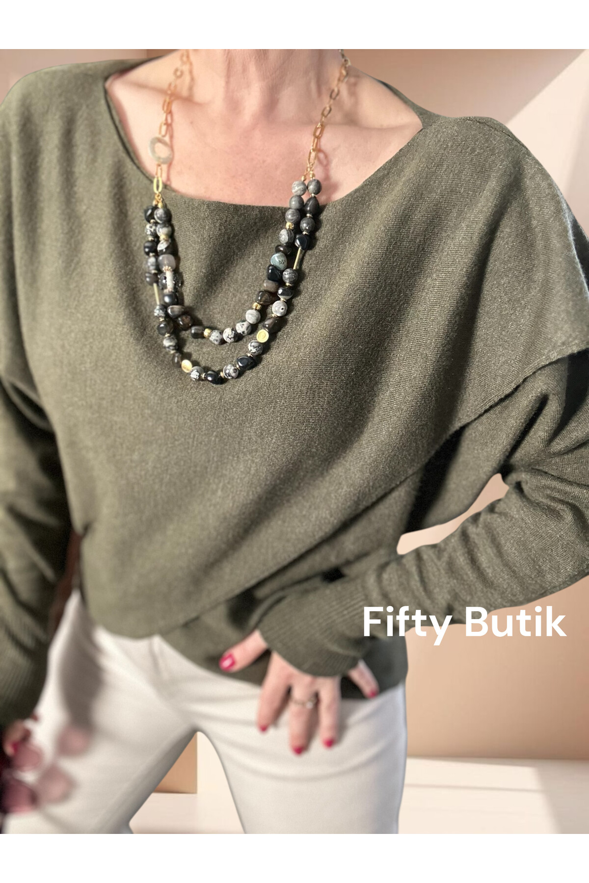 Fulle Tasarım Çapraz Triko Haki