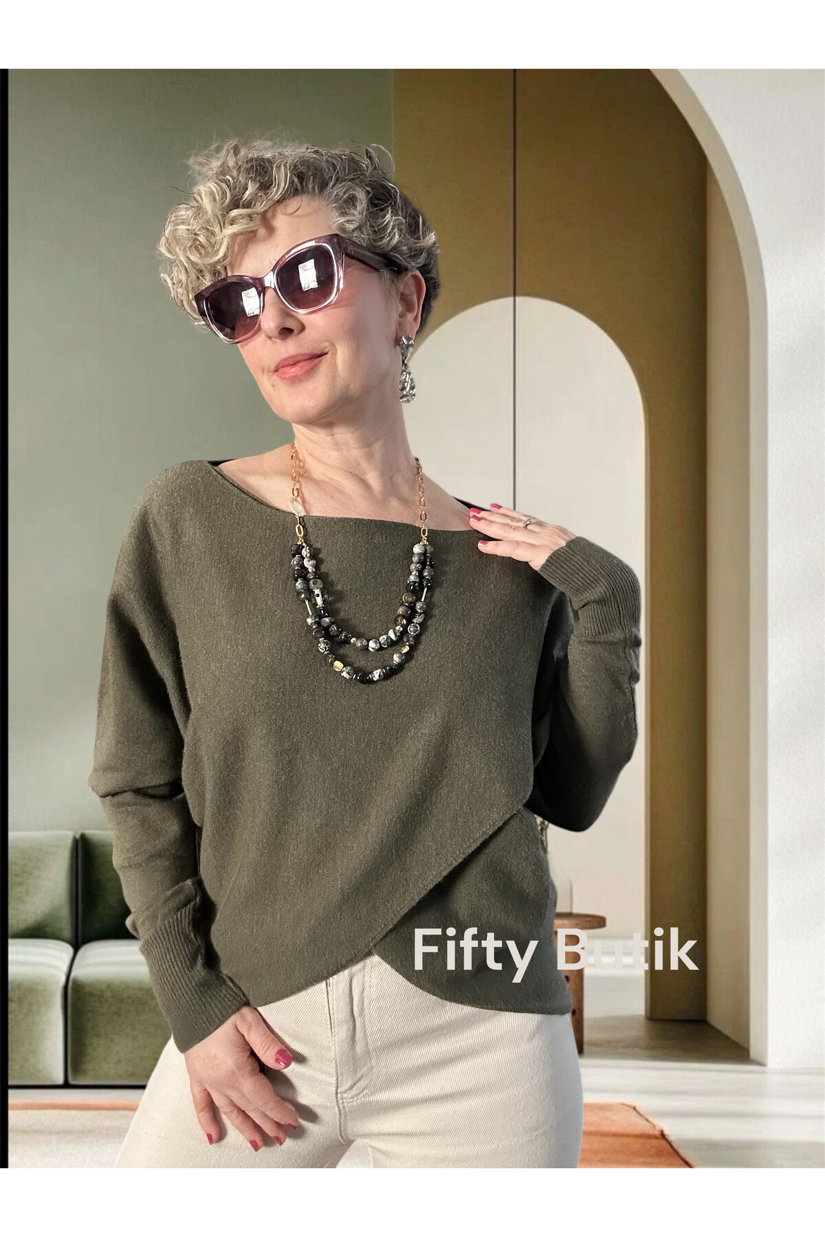 Fulle Tasarım Çapraz Triko Haki