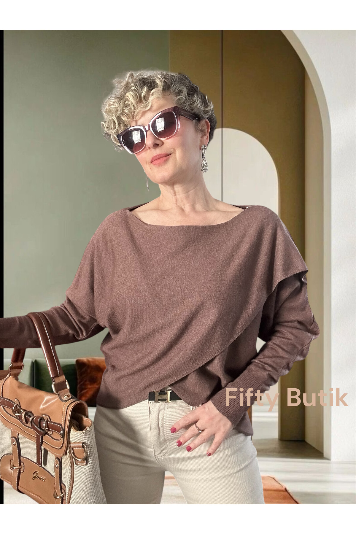 Fulle Tasarım Çapraz Triko Kahve