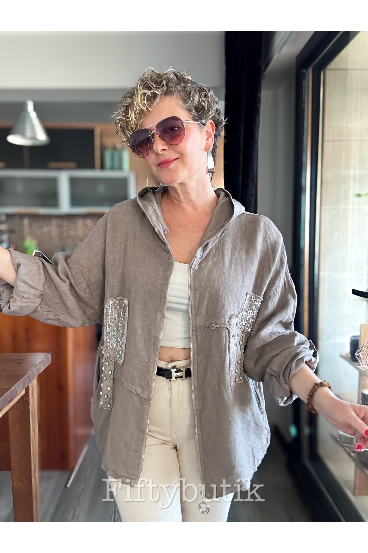 Gatto İtalyan Vip Kapşon Taş Payetli Ceket Vizon