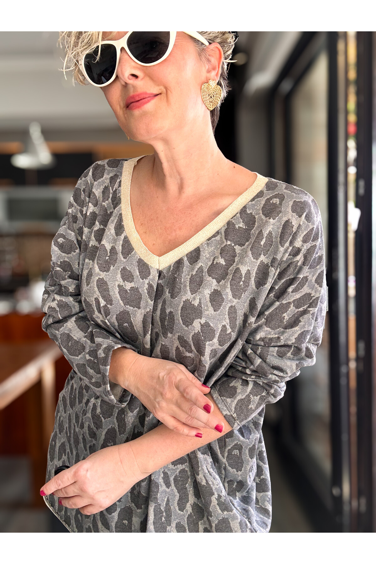 Hanna İtalyan Leopar Desen Simli Bluz Gri