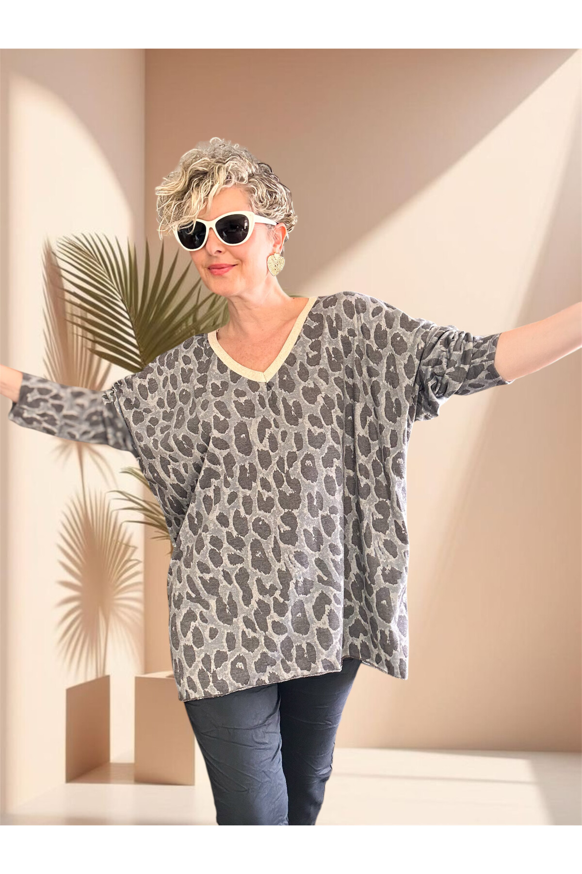 Hanna İtalyan Leopar Desen Simli Bluz Gri