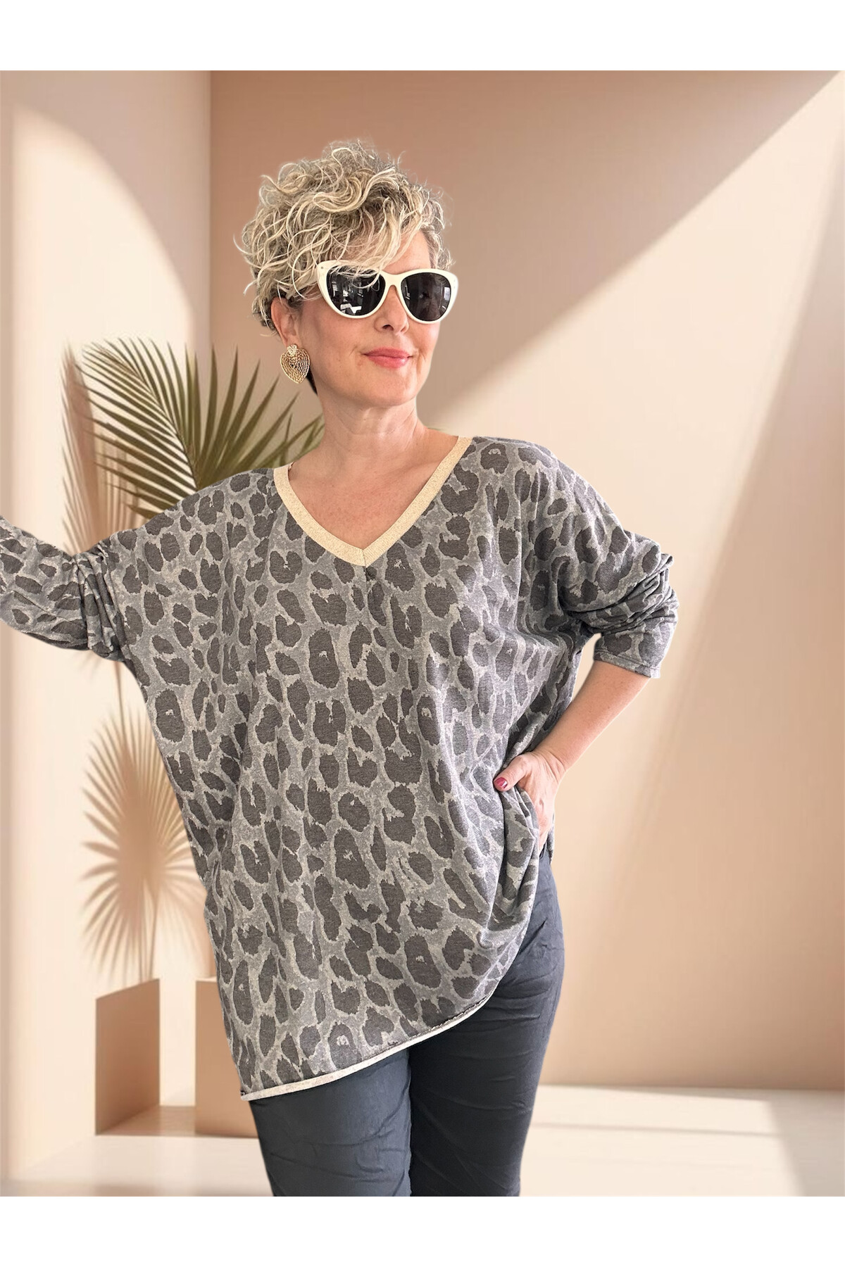 Hanna İtalyan Leopar Desen Simli Bluz Gri