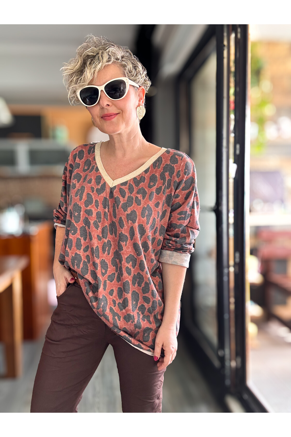 Hanna İtalyan Leopar Desen Simli Bluz Kiremit