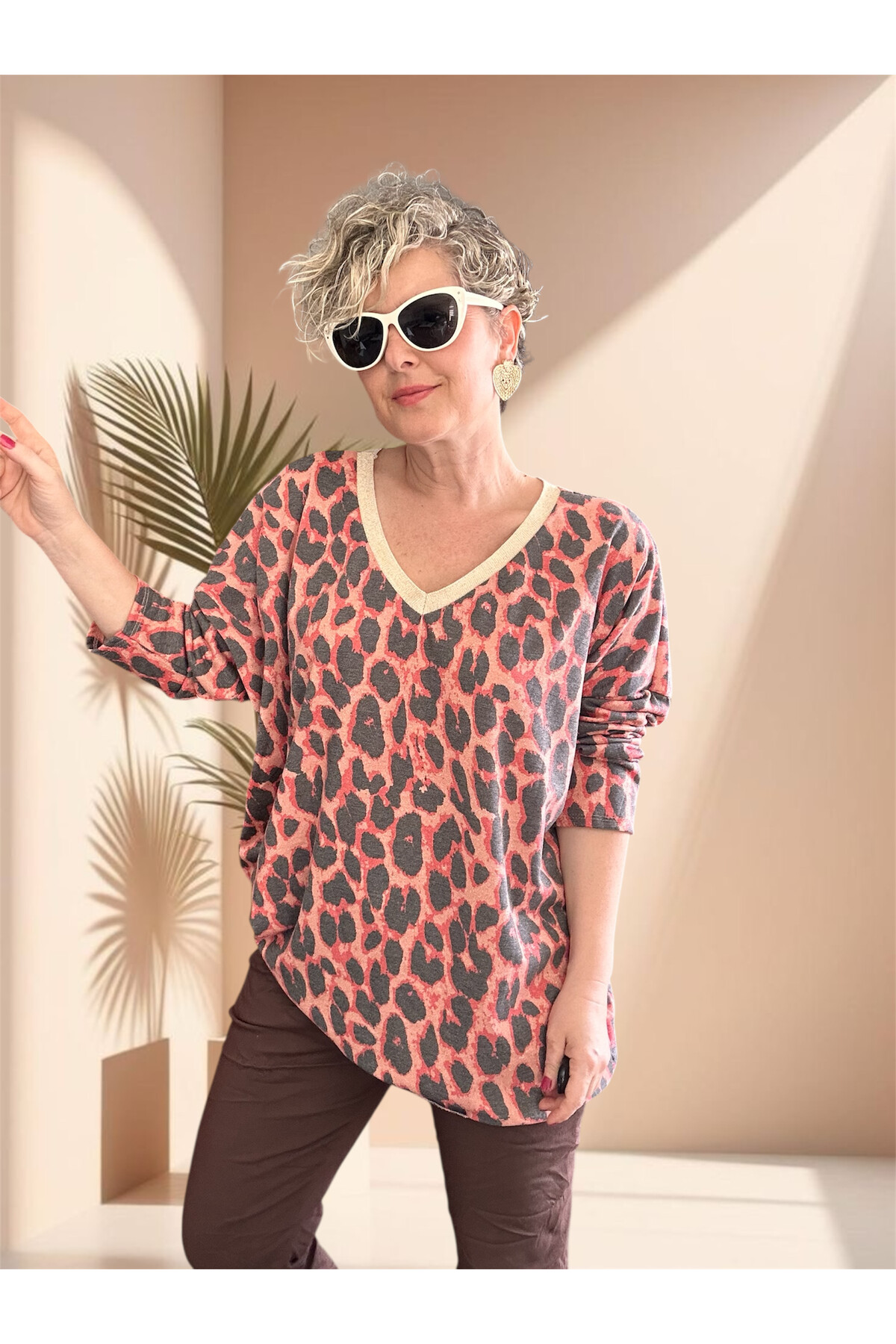 Hanna İtalyan Leopar Desen Simli Bluz Nar Çiçeği