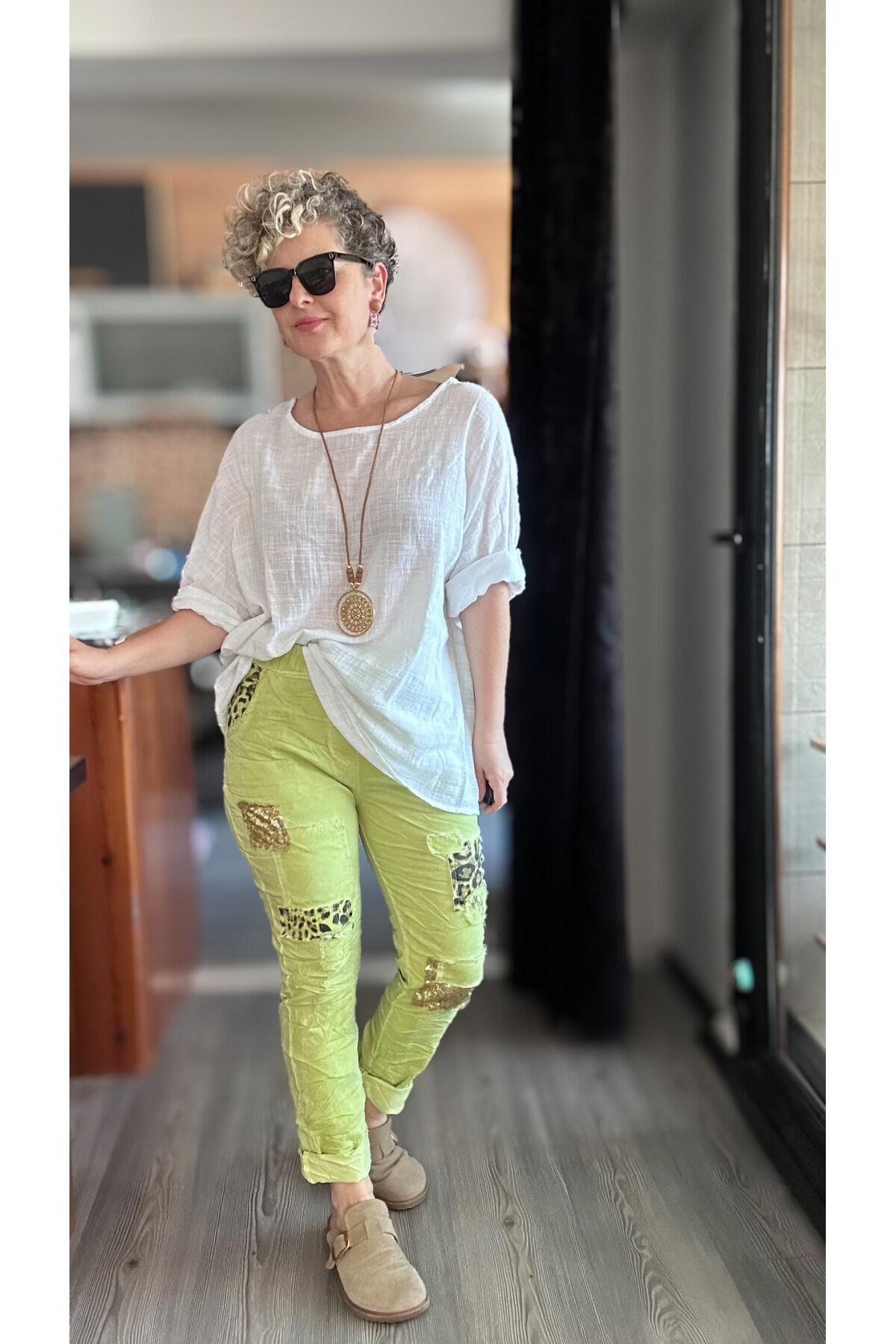 İtaliana Leopar Desen Pul Detaylı Sihirli Pantolon Elma Yeşil