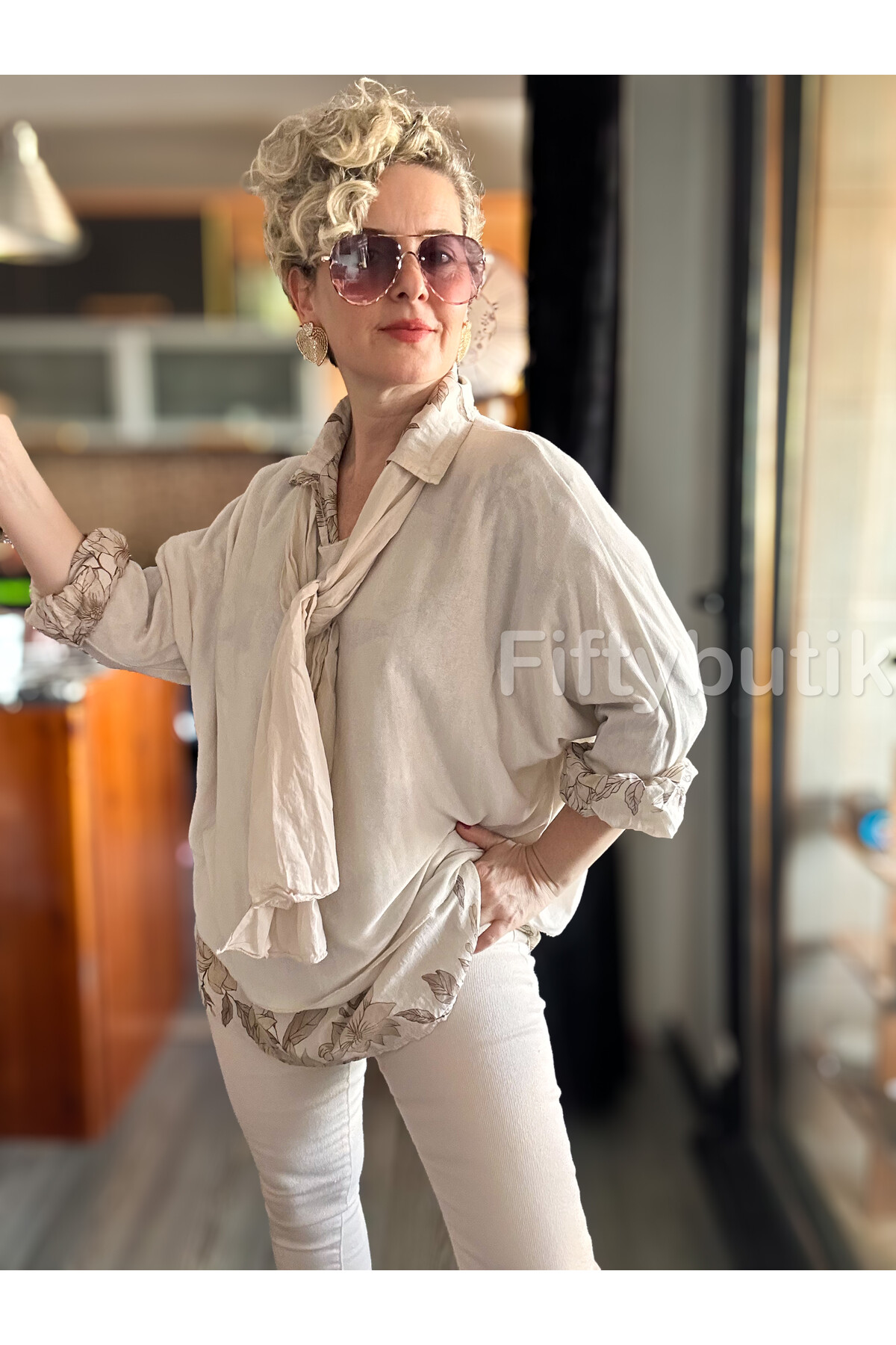 Julli İtalyan Gömlekli Bluz Triko Takım Bej