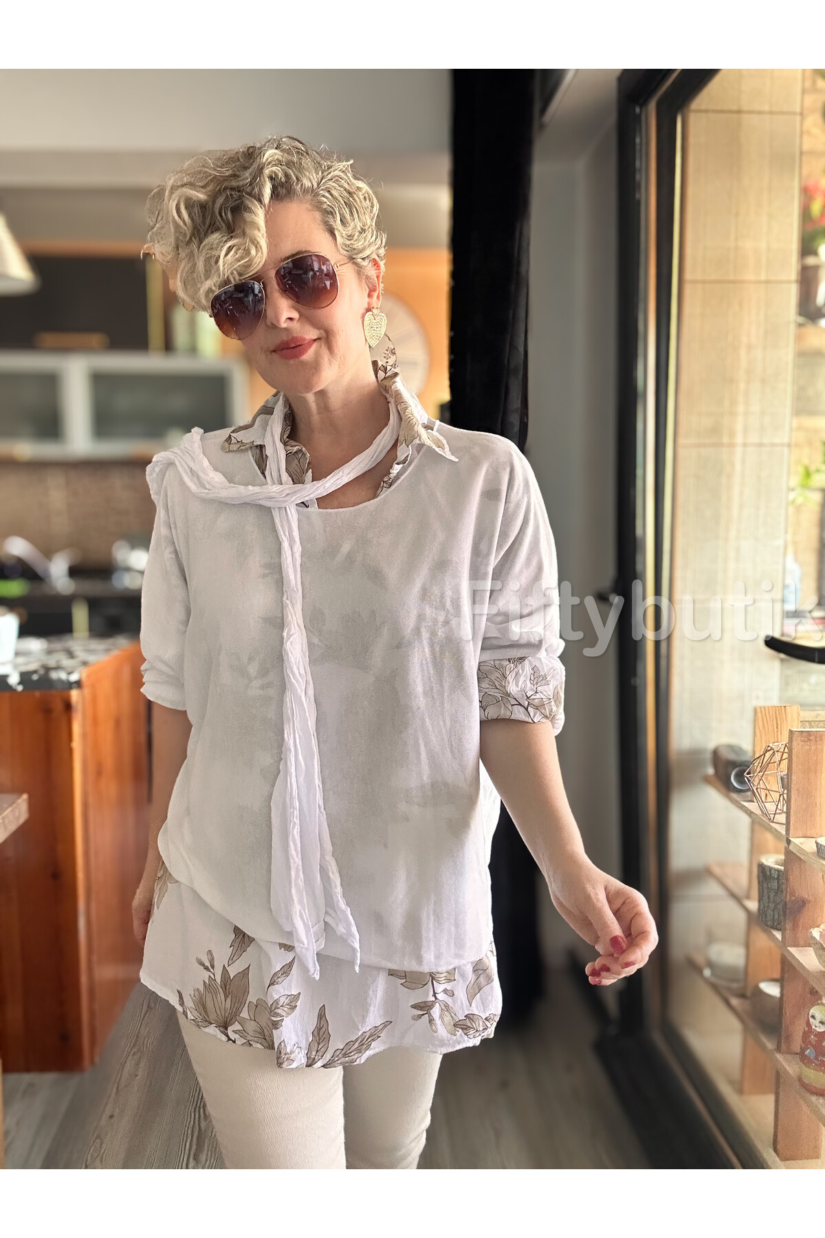 Julli İtalyan Gömlekli Bluz Triko Takım Beyaz