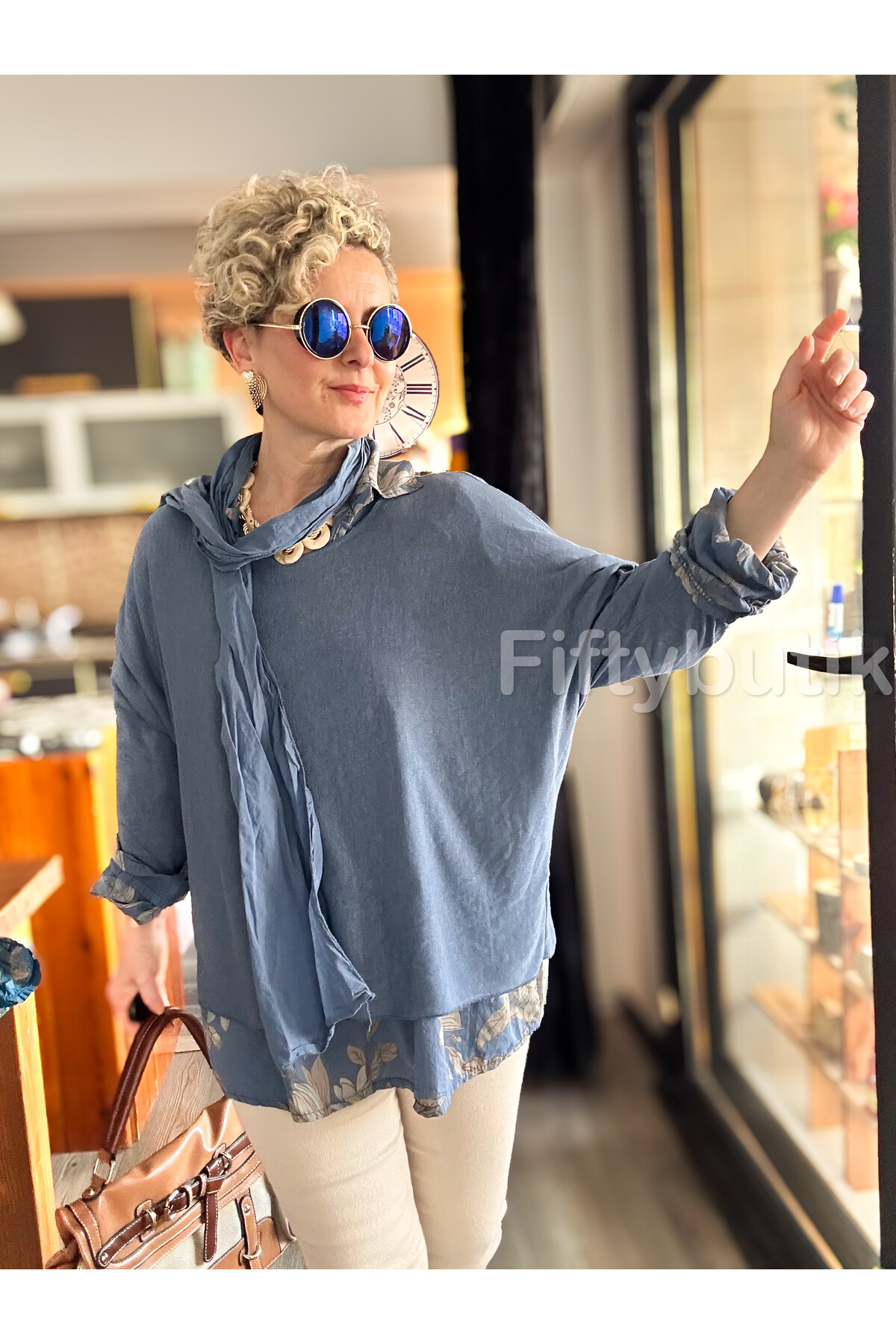 Julli İtalyan Gömlekli Bluz Triko Takım İndigo Mavi