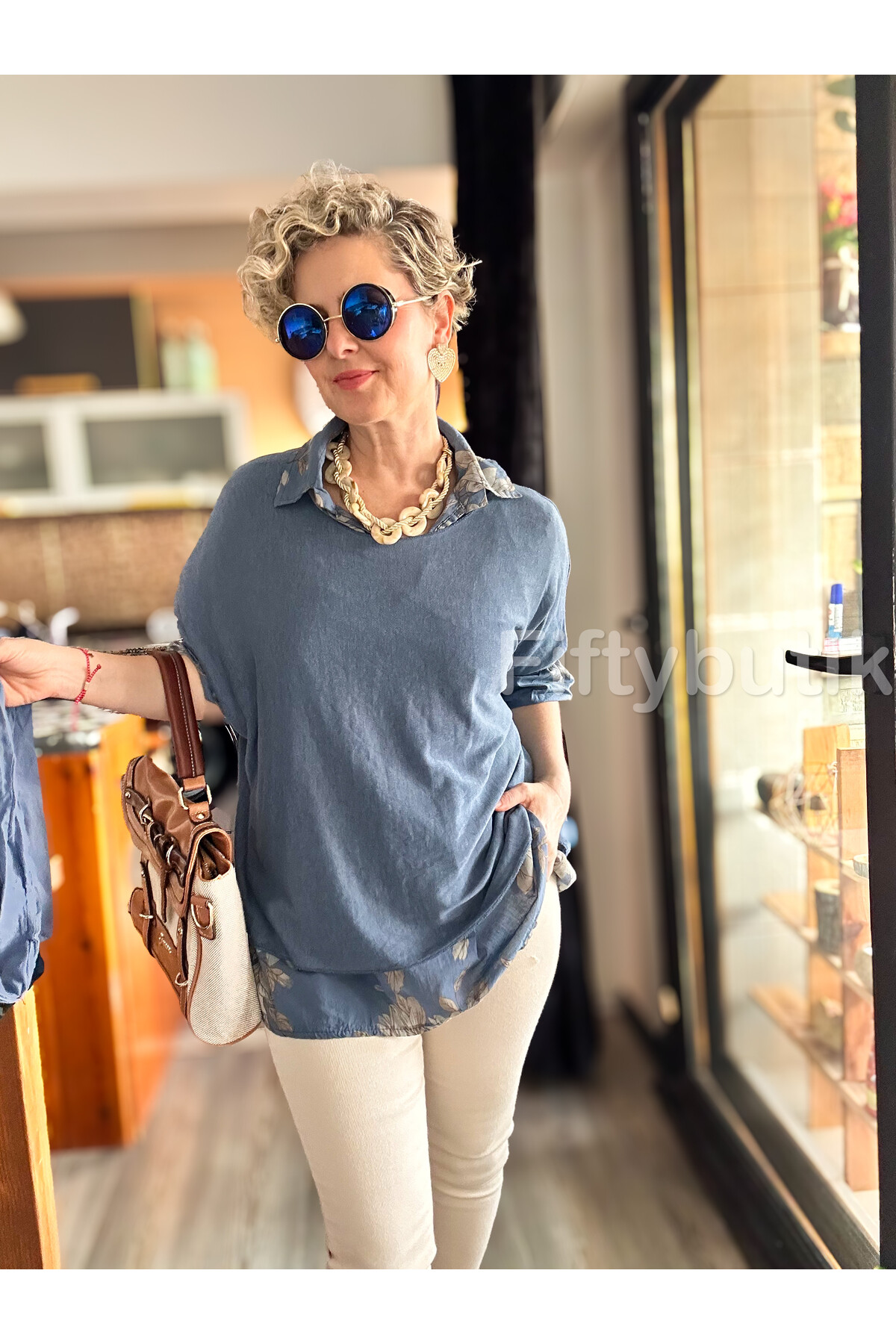 Julli İtalyan Gömlekli Bluz Triko Takım İndigo Mavi