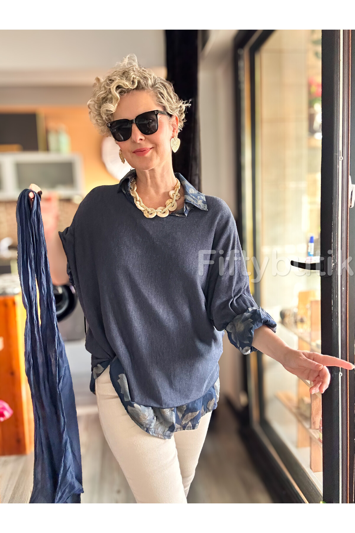 Julli İtalyan Gömlekli Bluz Triko Takım Lacivert