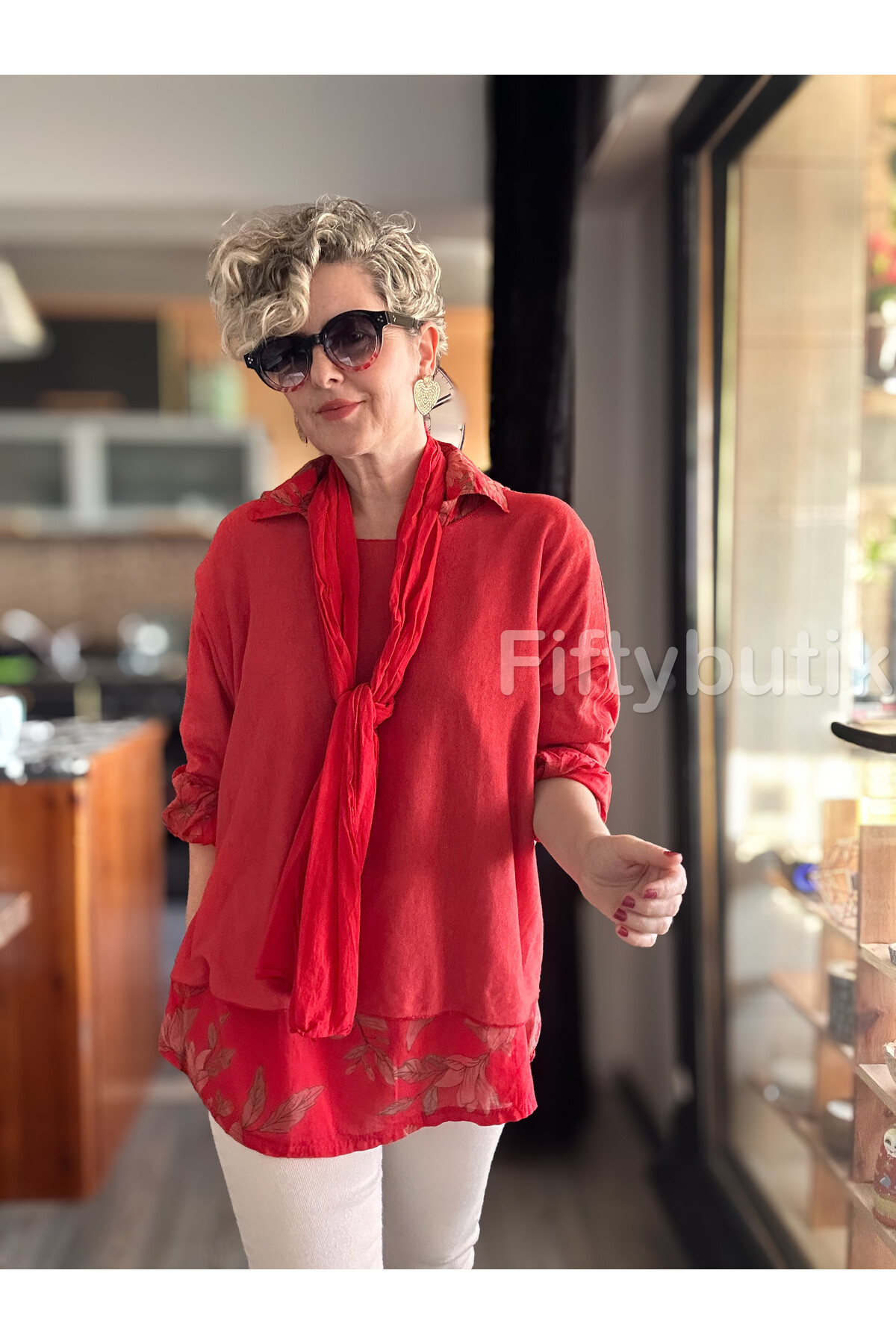 Julli İtalyan Gömlekli Bluz Triko Takım Nar Çiçeği