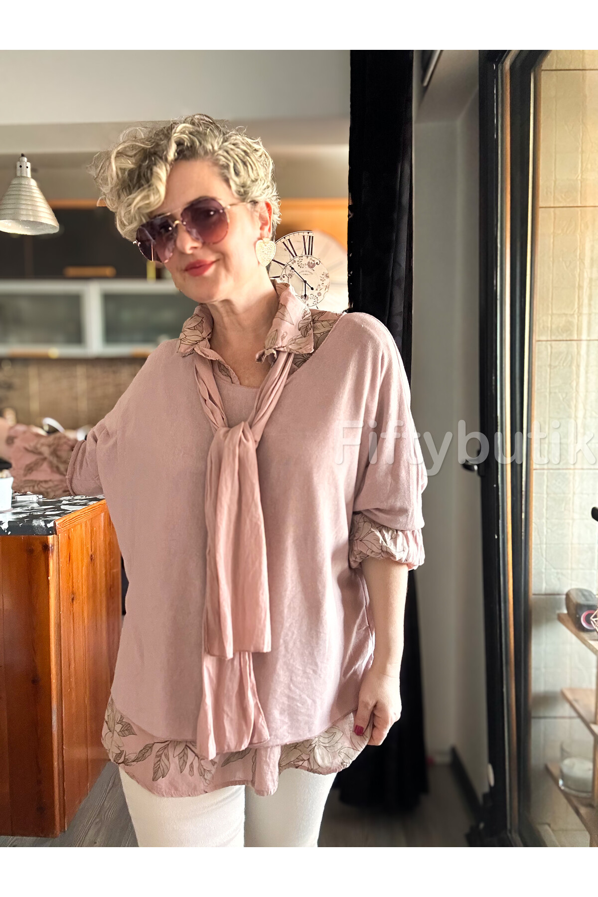 Julli İtalyan Gömlekli Bluz Triko Takım Pudra