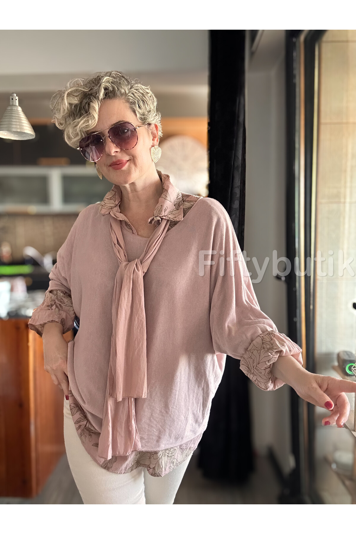 Julli İtalyan Gömlekli Bluz Triko Takım Pudra