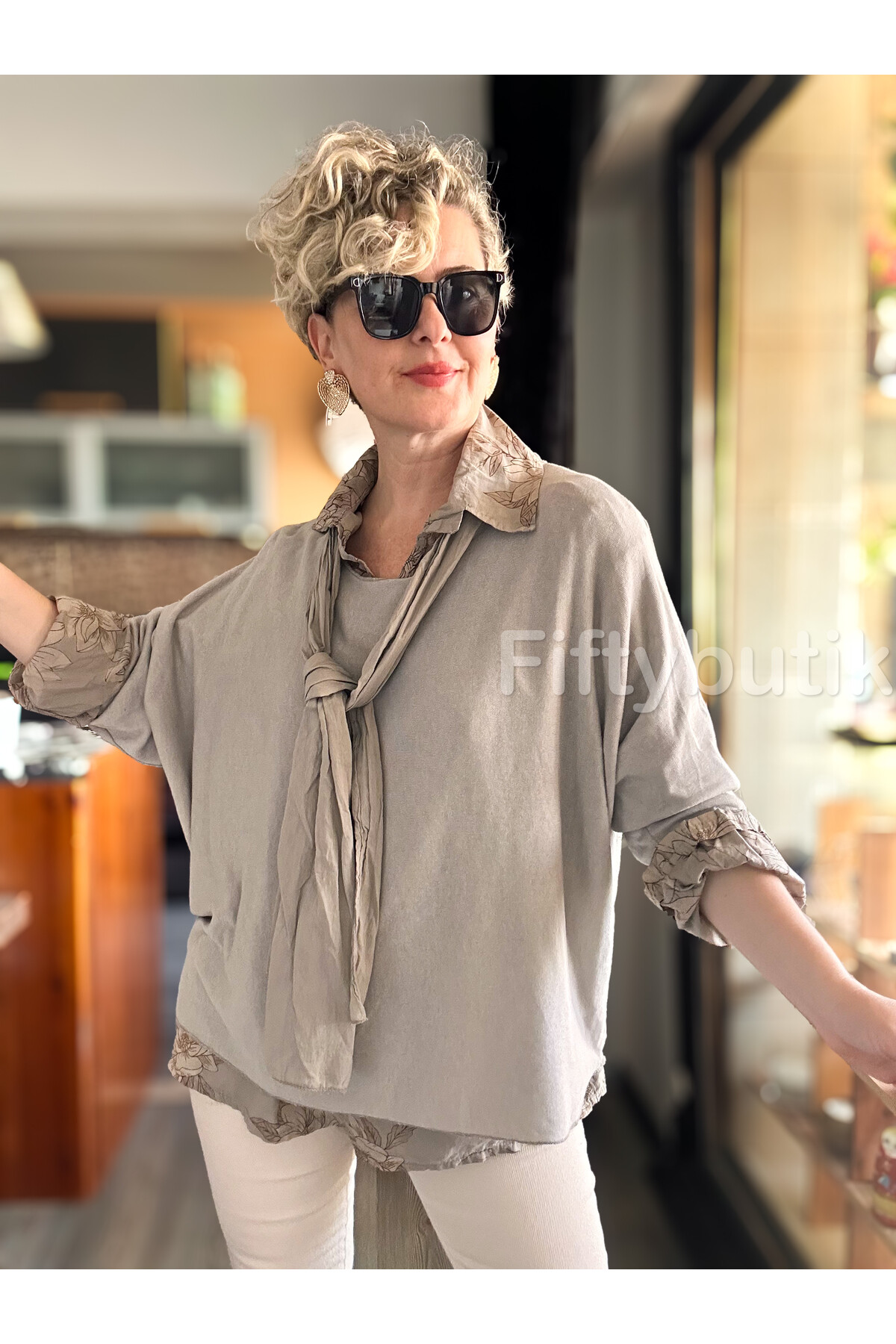 Julli İtalyan Gömlekli Bluz Triko Takım Vizon