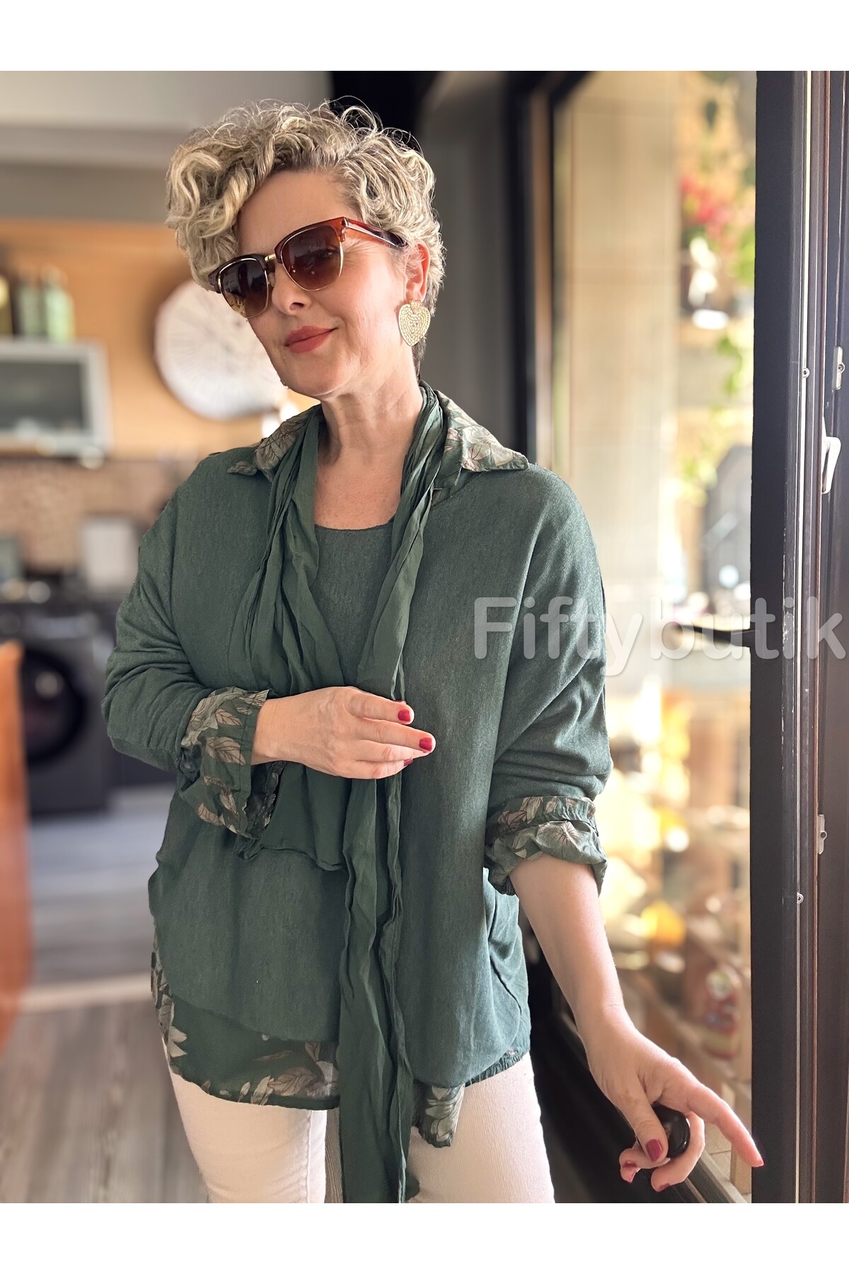 Julli İtalyan Gömlekli Bluz Triko Takım Zümrüt Yeşil