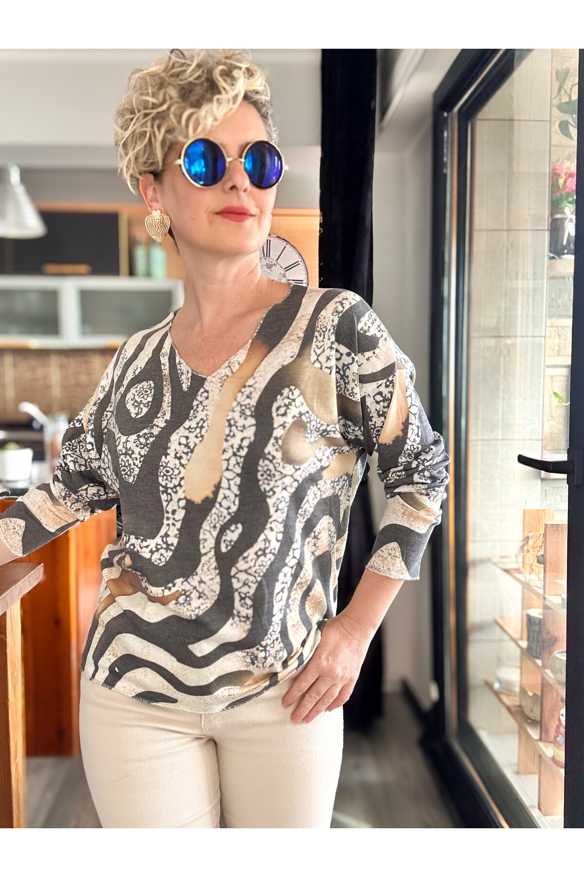 Kuffo İtalyan Şerit Baskı Desen Triko Bluz