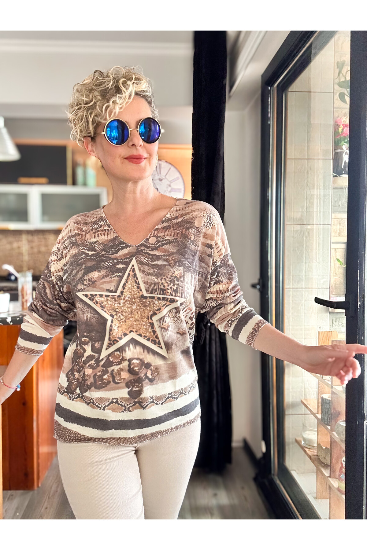 Kuffo İtalyan Yıldız Baskı Desen Triko Bluz