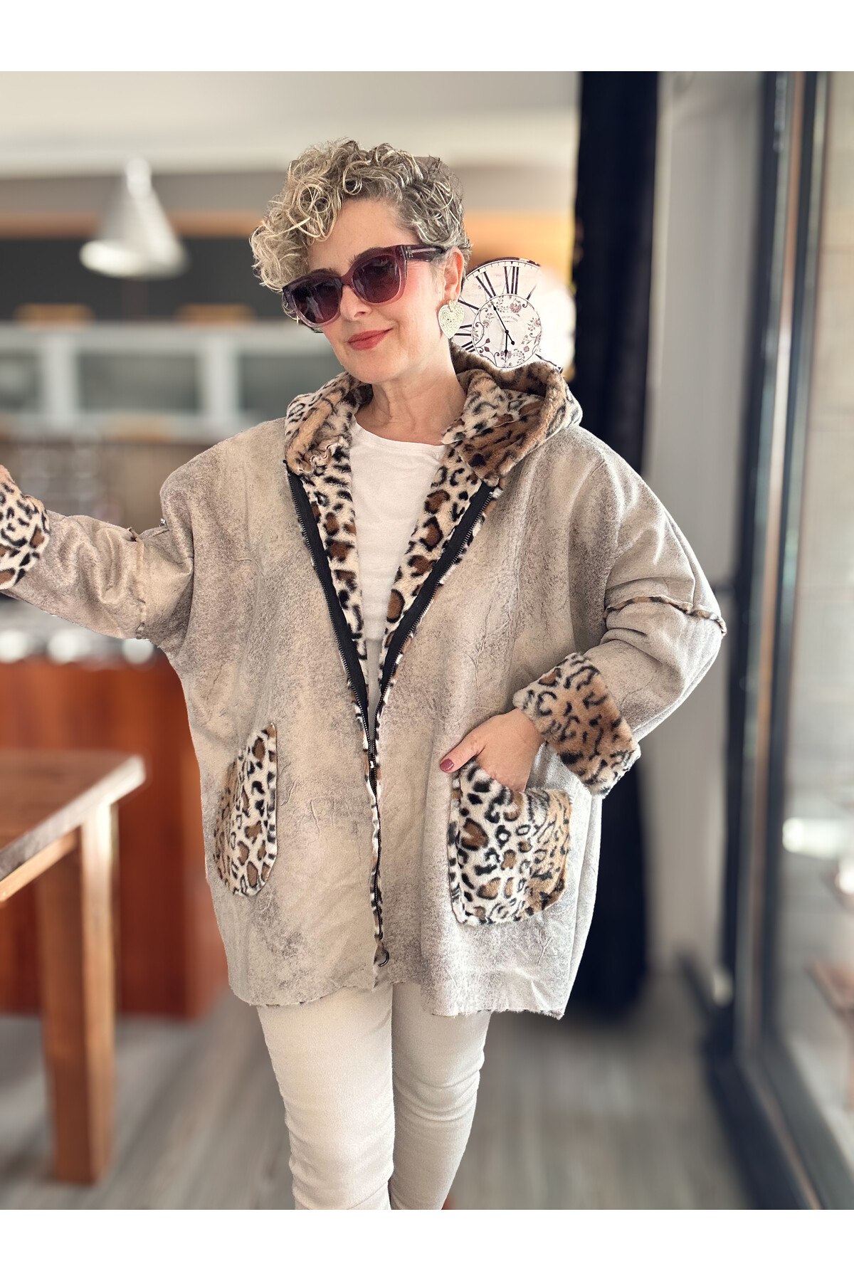 Lappe Leopar Desen İçi Polar Nubuk Kaban Bej