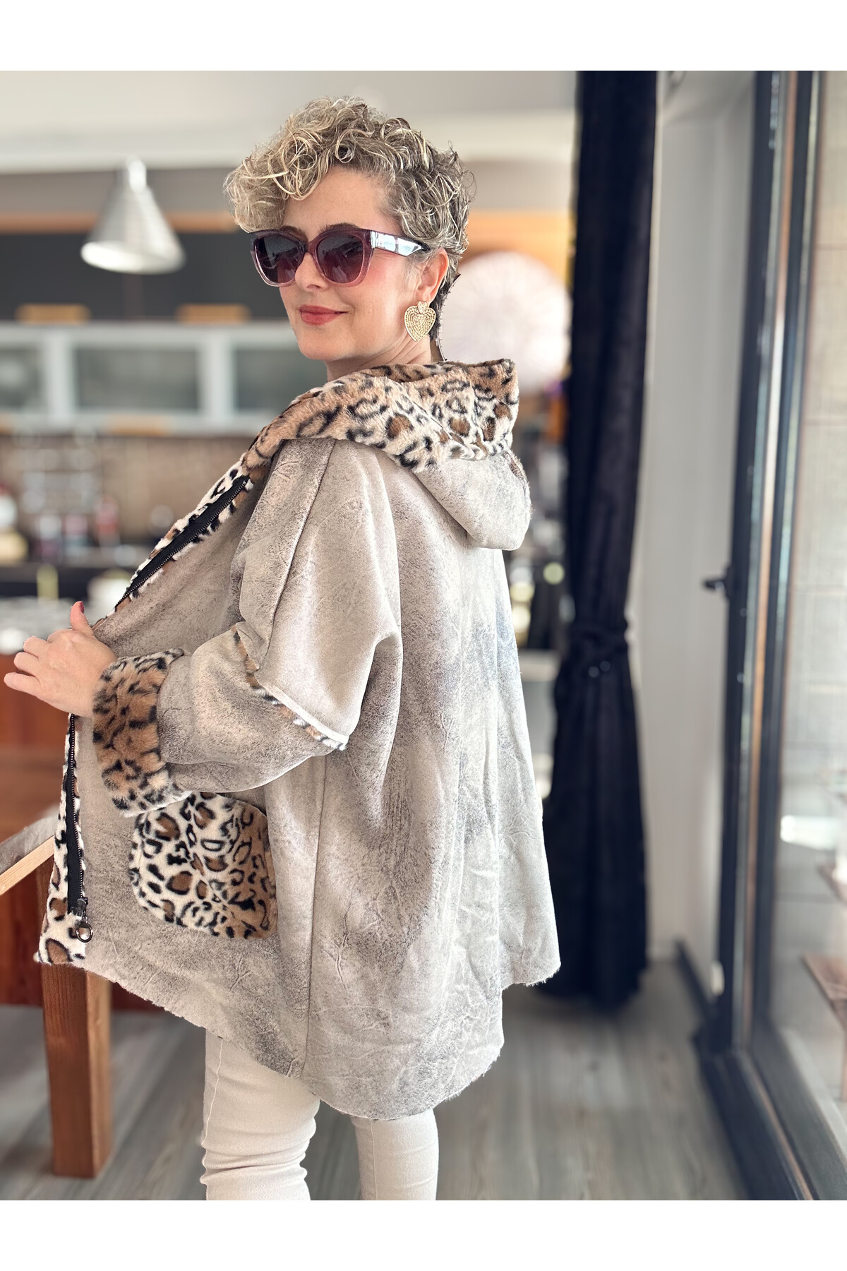 Lappe Leopar Desen İçi Polar Nubuk Kaban Bej