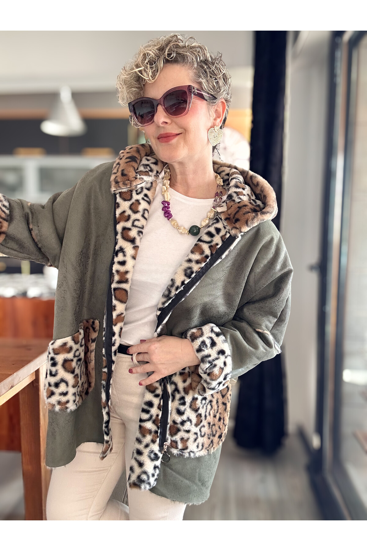 Lappe Leopar Desen İçi Polar Nubuk Kaban Haki