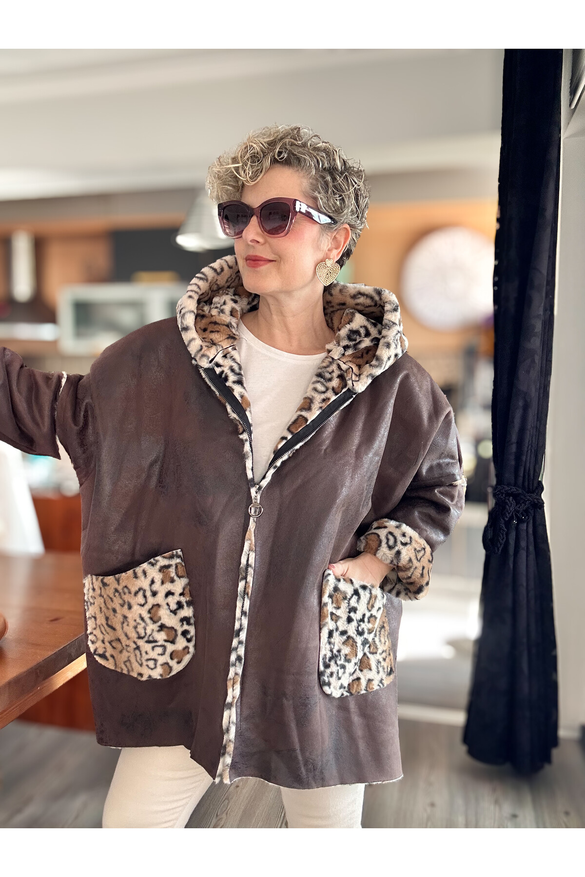 Lappe Leopar Desen İçi Polar Nubuk Kaban Kahverengi