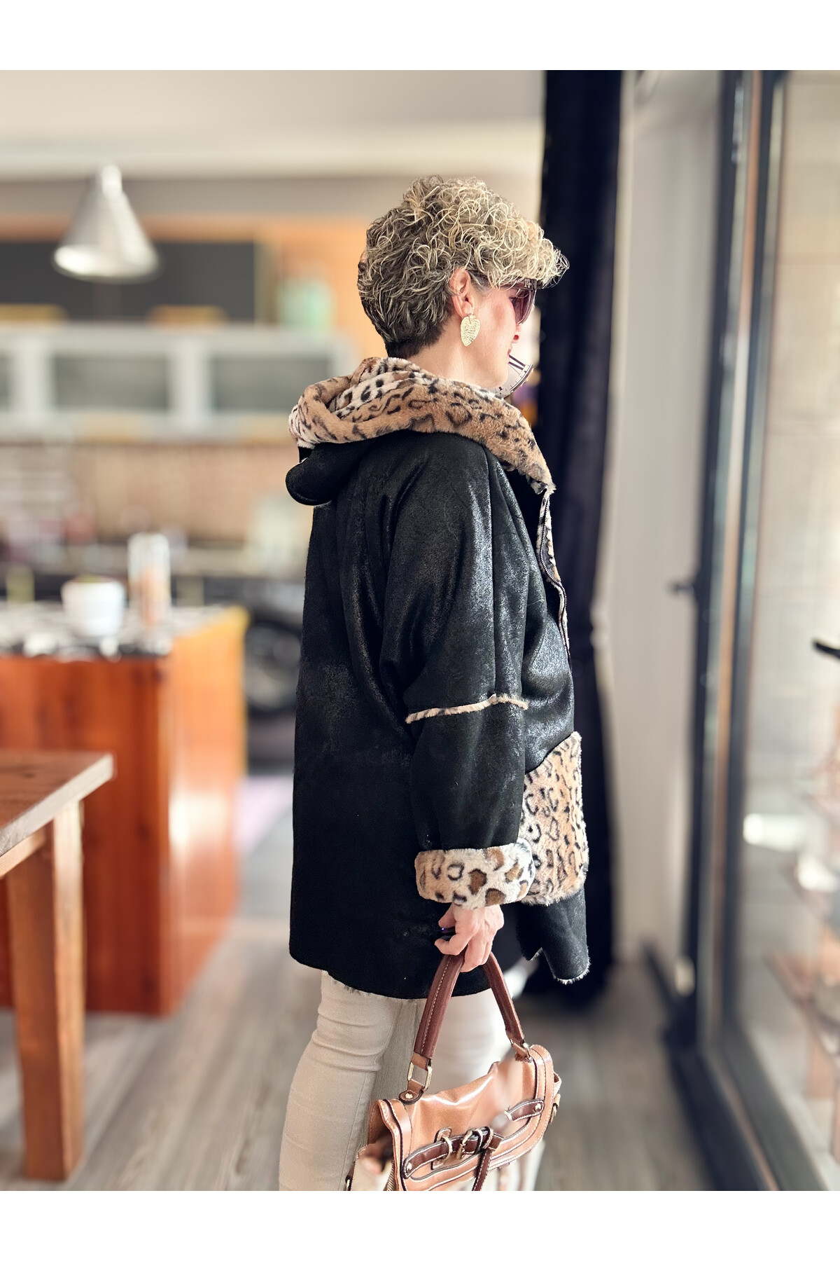 Lappe Leopar Desen İçi Polar Nubuk Kaban Siyah