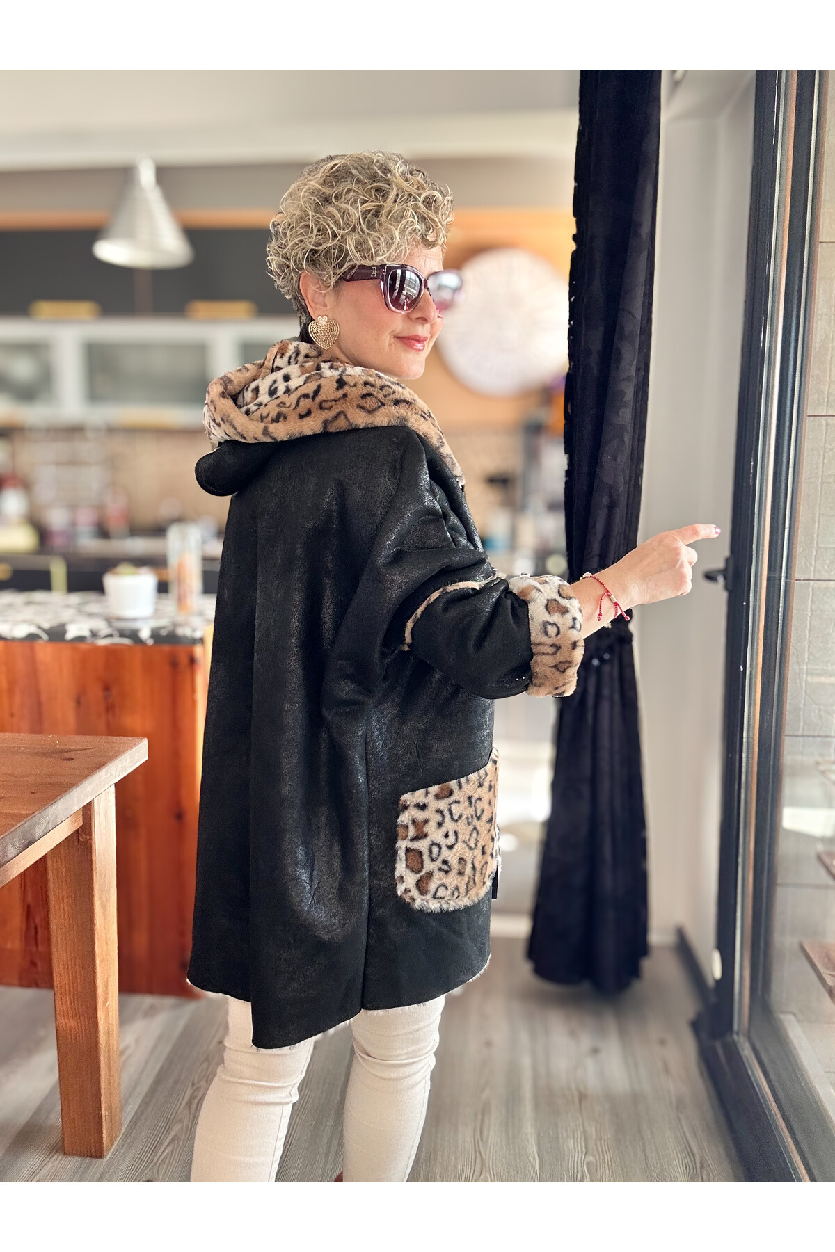 Lappe Leopar Desen İçi Polar Nubuk Kaban Siyah